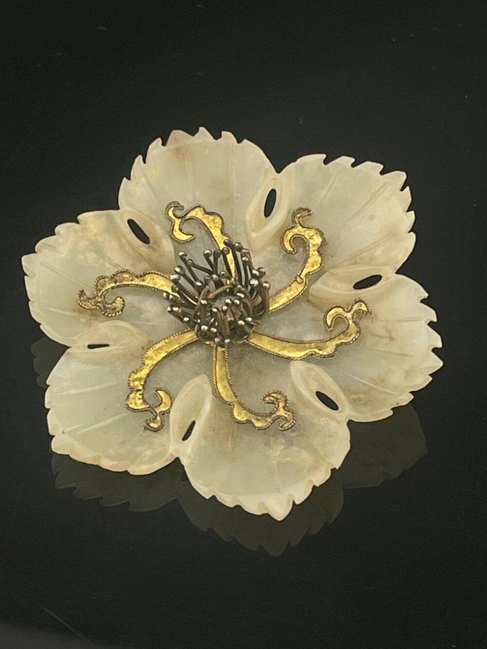 Vintage Chinese Carved White Nephrite Jade Flower Brooch 1930s 1940s Large